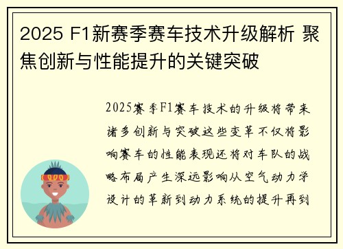 2025 F1新赛季赛车技术升级解析 聚焦创新与性能提升的关键突破