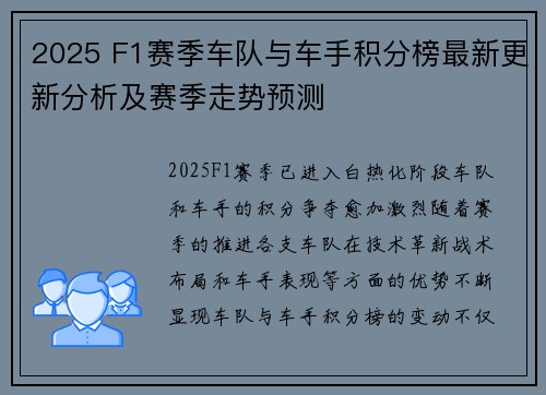 2025 F1赛季车队与车手积分榜最新更新分析及赛季走势预测
