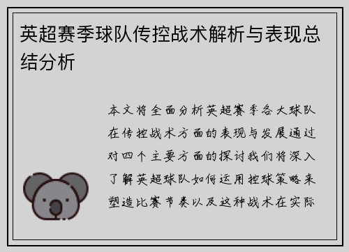 英超赛季球队传控战术解析与表现总结分析