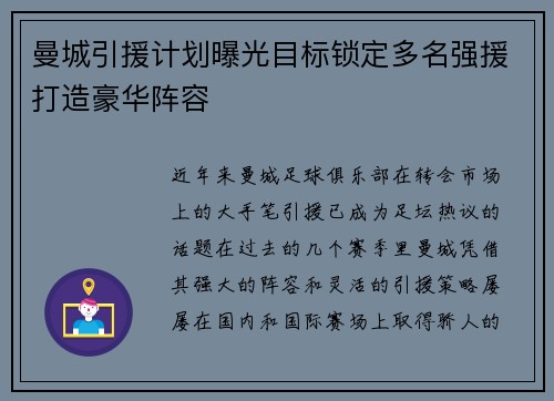 曼城引援计划曝光目标锁定多名强援打造豪华阵容