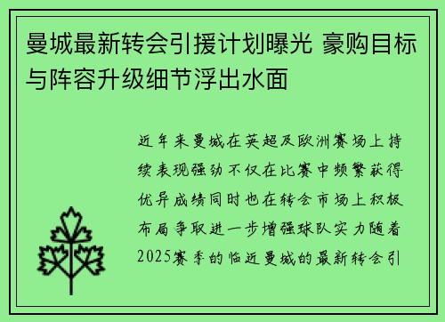 曼城最新转会引援计划曝光 豪购目标与阵容升级细节浮出水面