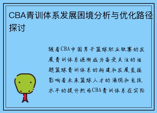 CBA青训体系发展困境分析与优化路径探讨