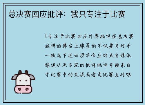 总决赛回应批评：我只专注于比赛